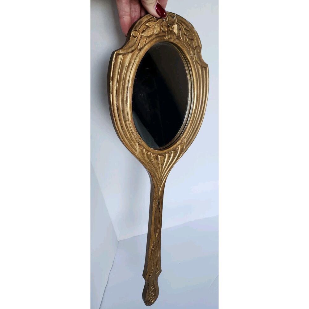 Vintage Hollywood Regency Carved & Gold Gilded Handheld Wood Vanity Mirror